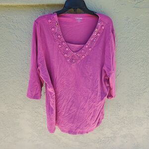 Liz & Me Womens Top Size 1X 18/20 W Pink Sequined Short Sleeve Cotton Spandex
